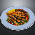 Fried Small Fish Served with Lemon Wedge and Colorful Vegetable Salad on White Plate