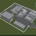 Industrial Factory Layout With Multiple Buildings Roads Power Transmission Towers Parking Area And Green Lawn