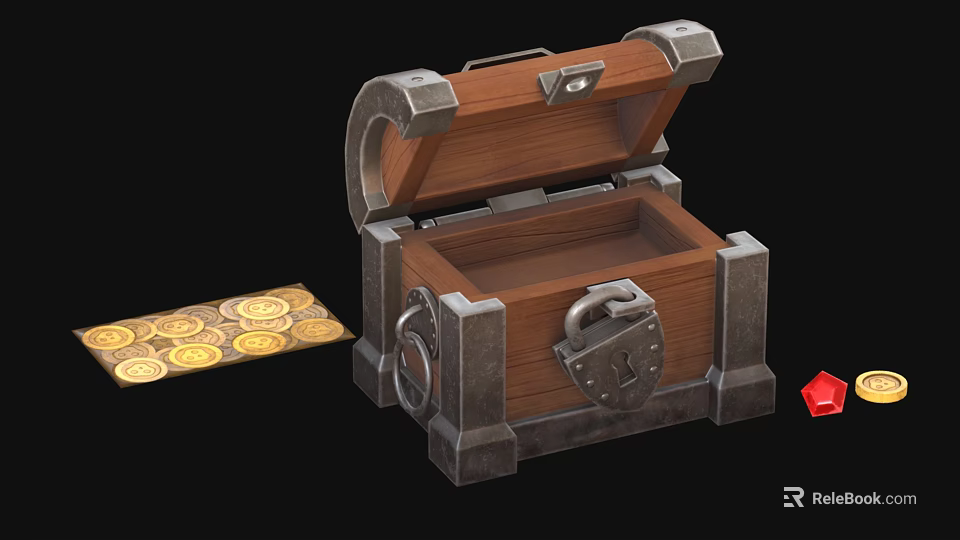 Open Wooden Treasure Chest With Metal Accents And Gold Coins Alongside Red Gemstone 3d model 