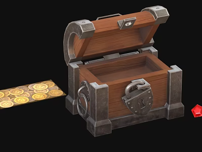 Open Wooden Treasure Chest With Metal Accents And Gold Coins Alongside Red Gemstone 3d model