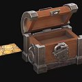 Open Wooden Treasure Chest With Metal Accents And Gold Coins Alongside Red Gemstone