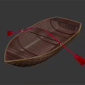 Traditional Wooden Rowboat With Red Oars For Water Transport Use