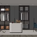 Modern Walk-in Closet with Dark Cabinets Hanging Clothes White Island Counter and Rug