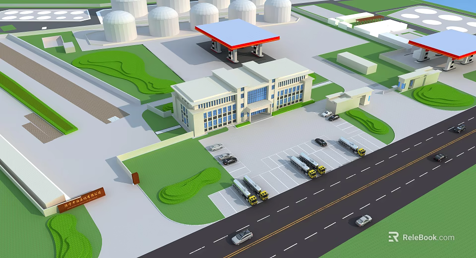 Industrial Aerial Planning With Storage Tanks Main Building Parking Lot Trucks Cars And Green Areas 3d model 