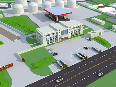 Industrial Aerial Planning With Storage Tanks Main Building Parking Lot Trucks Cars And Green Areas 3d model