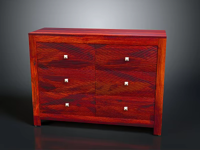 Reddish Wood Console Side Cabinet With Diagonal Textured Drawers And Metal Knobs 3d model