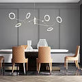 Modern Dining Table Set With Textured Brown Chairs And Circular Ring Chandelier 3d model