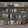 Decorative Ornament Set on Multi Layered Shelf with Books Sculptures Vases and Photo Frames