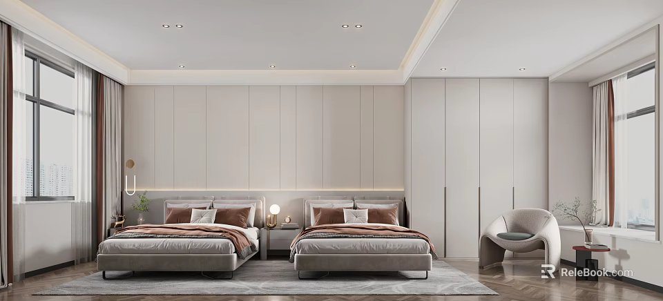 Modern Bedroom Interior With Paneled Walls Recessed Lighting And Nightstand Lamp Carpet 3d model 