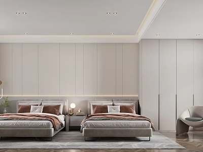 Modern Bedroom Interior With Paneled Walls Recessed Lighting And Nightstand Lamp Carpet 3d model