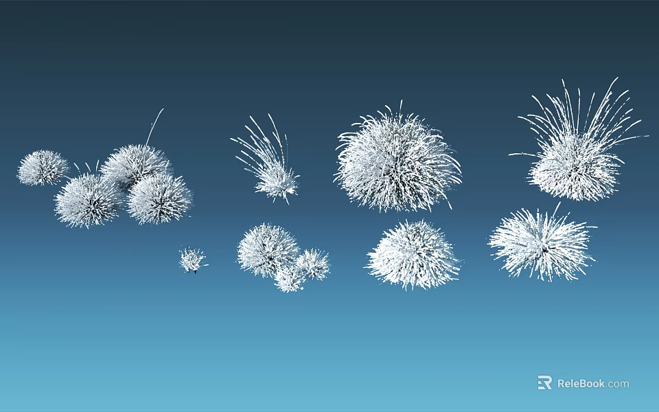 White Fluffy Dandelion Like Flowers With Various Shapes Sizes And Blue Gradient Background 3d model 