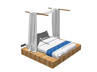 Double Bed With Wooden Frame White Curtains Gray Pillows And White Blue Bed Sheet 3d model