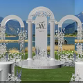 Commercial Equipment For Outdoor Wedding With White Arches Chairs Lake And Mountain Views