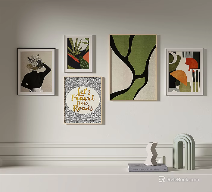 Stylish Wall Art Decor With Framed Paintings And Decorative Objects On Shelf 3d model