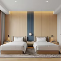 Modern Hotel Guest Room Featuring Twin Beds Wooden Elements Gray Walls And Decorative Painting