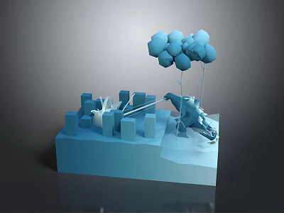 Blue Cartoon Scene With Broom Riding Character Holding Balloons And Geometric Buildings 3d model