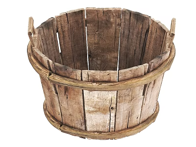 Rustic Handcrafted Wooden Bucket With Slats And Woven Bands For Household Use 3d model