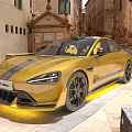 Yellow Stylish Sports Car Parked On Old Streets With Ancient Buildings