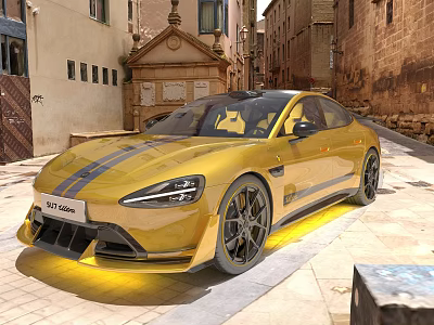 Yellow Stylish Sports Car Parked On Old Streets With Ancient Buildings 3d model