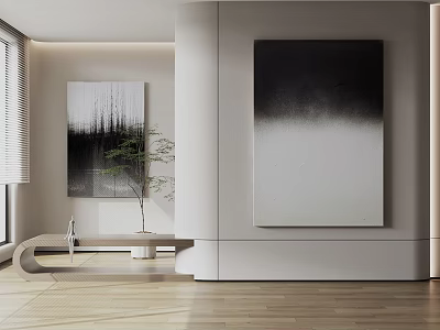 Abstract Paintings in Modern Minimalist Interior With Plant and Bench 3d model