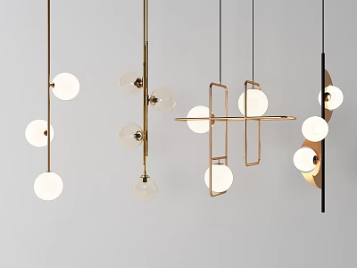 Modern Interior Design Pendant Lights With Golden Frame Spherical Bulbs And Geometric Shapes 3d model