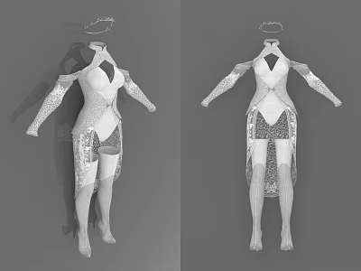 3D Model Women's Elegant Outfit Featuring Long Sleeves Vest Design And Patterned Skirt 3d model