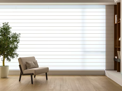White Window Blinds In Bright Living Room With Comfortable Chair And Green Plant 3d model