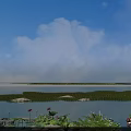 Serene Waterfront Landscape With Lotus Flowers Wooden Bridge Willow Trees And Rock Formations