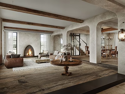Cozy Living Dining Room Interior With Wooden Beams Fireplace Sofa And Dining Table Set 3d model