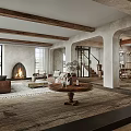 Cozy Living Dining Room Interior With Wooden Beams Fireplace Sofa And Dining Table Set
