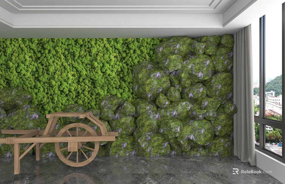 Green Moss and Stone Background Wall in Modern Indoor Interior Space 3d model