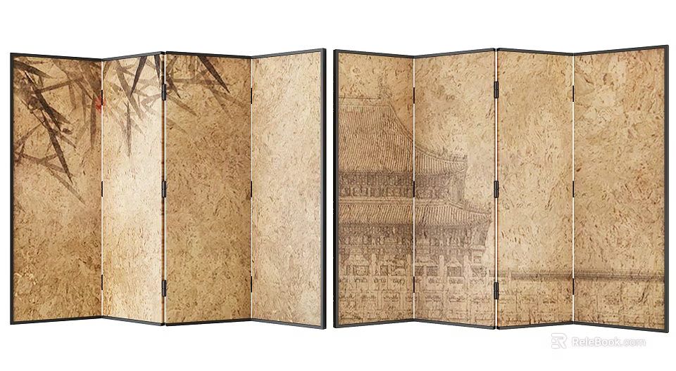 Decorative Classical Chinese Folding Screen with Bamboo and Ancient Pagoda Patterns on Paper Panels 3d model