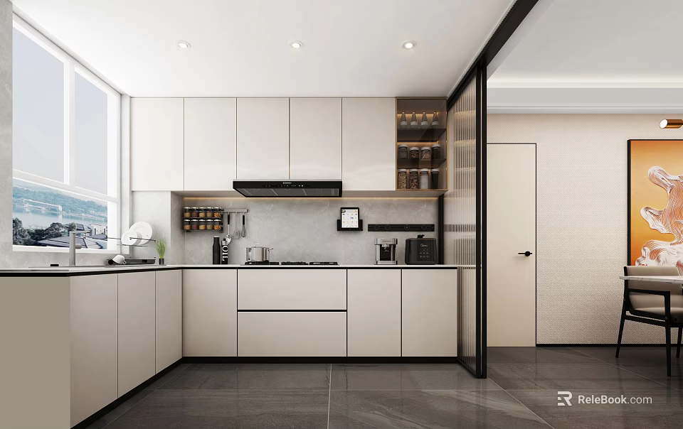 Modern White Kitchen Interior Design With Cabinets Countertop Appliances And Window View 3d model 