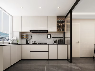Modern White Kitchen Interior Design With Cabinets Countertop Appliances And Window View 3d model