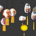 Decorative Traditional Chinese Lanterns with Various Patterns Shapes and Tassels in White Yellow
