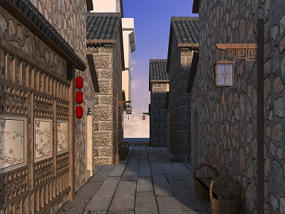 Traditional Commercial Street With Stone Buildings Red Lanterns Wooden Signs And Stone Pavement 3d model