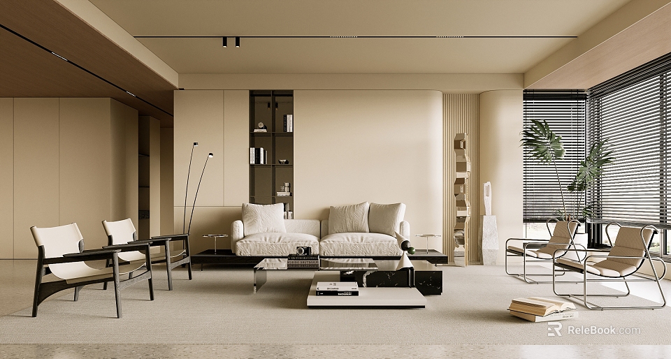 Modern Living Room Interior With Beige Sofa Black Coffee Table And Floor Lamp 3d model 