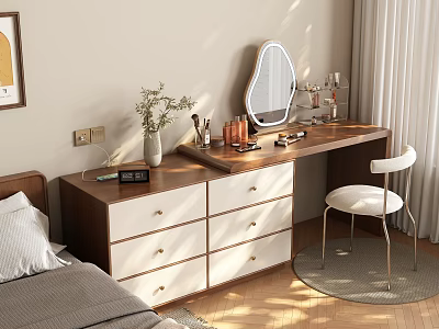 Modern Wooden Dressing Table With White Drawers Chair Mirror And Cosmetics In Bedroom 3d model