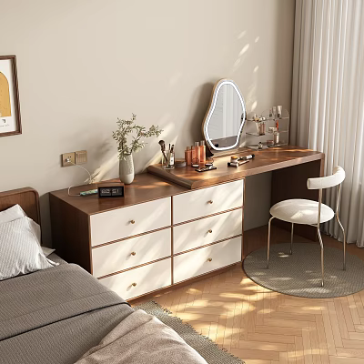 Modern Wooden Dressing Table With White Drawers Chair Mirror And Cosmetics In Bedroom 3d model