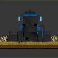 Realistic Blue Combine Harvester Model On Yellow Grass Field With Black Components