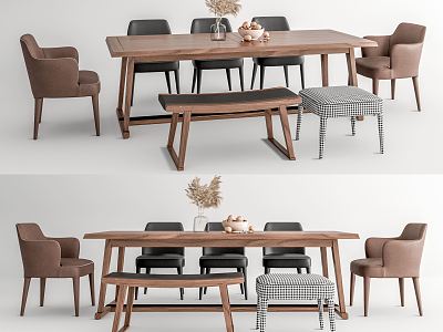 Table and Chair Combination Solid Wood Dining Table and Chair Bench Low Stool Leather Dining Chair Solid Wood Table model