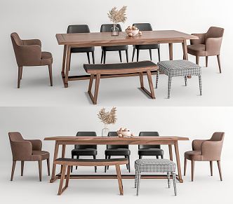 Table and Chair Combination Solid Wood Dining Table and Chair Bench Low Stool Leather Dining Chair Solid Wood Table 3d model