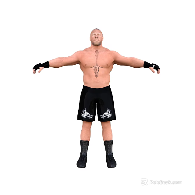 Shirtless Muscular Man In Black Shorts With White Designs And Arms Outstretched 3d model 