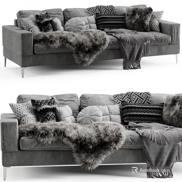 Cozy Gray Three Seater Sofa With Decorative Pillows And Faux Fur Throws 3d model 