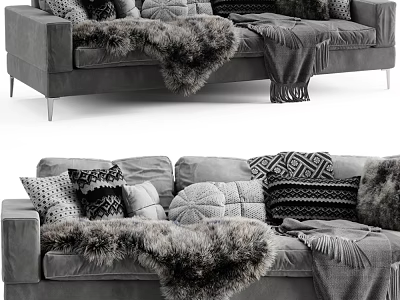 Cozy Gray Three Seater Sofa With Decorative Pillows And Faux Fur Throws 3d model
