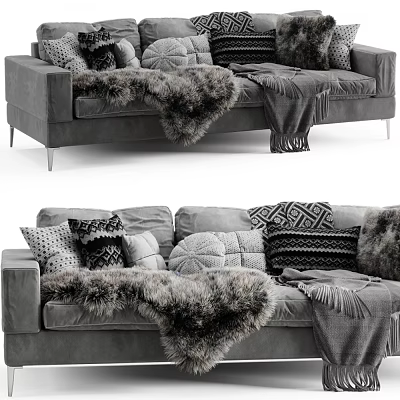 Cozy Gray Three Seater Sofa With Decorative Pillows And Faux Fur Throws 3d model