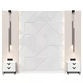 Stylish Modern Bed Background Wall With White Geometric Patterns Wall Sconces And Nightstands 3d model