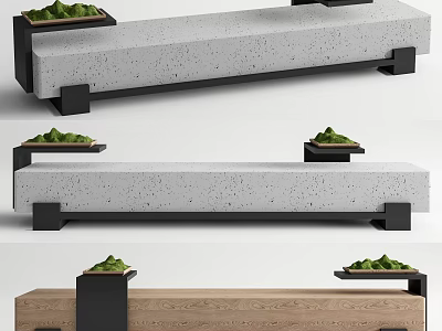 Modern Landscape Seats With Concrete Wooden Structure Black Frames And Small Potted Plants 3d model