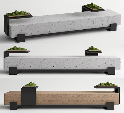 Modern Landscape Seats With Concrete Wooden Structure Black Frames And Small Potted Plants 3d model