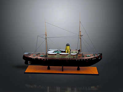 Vintage Ship Model With Two Masts Wooden Base And Deck Details 3d model
